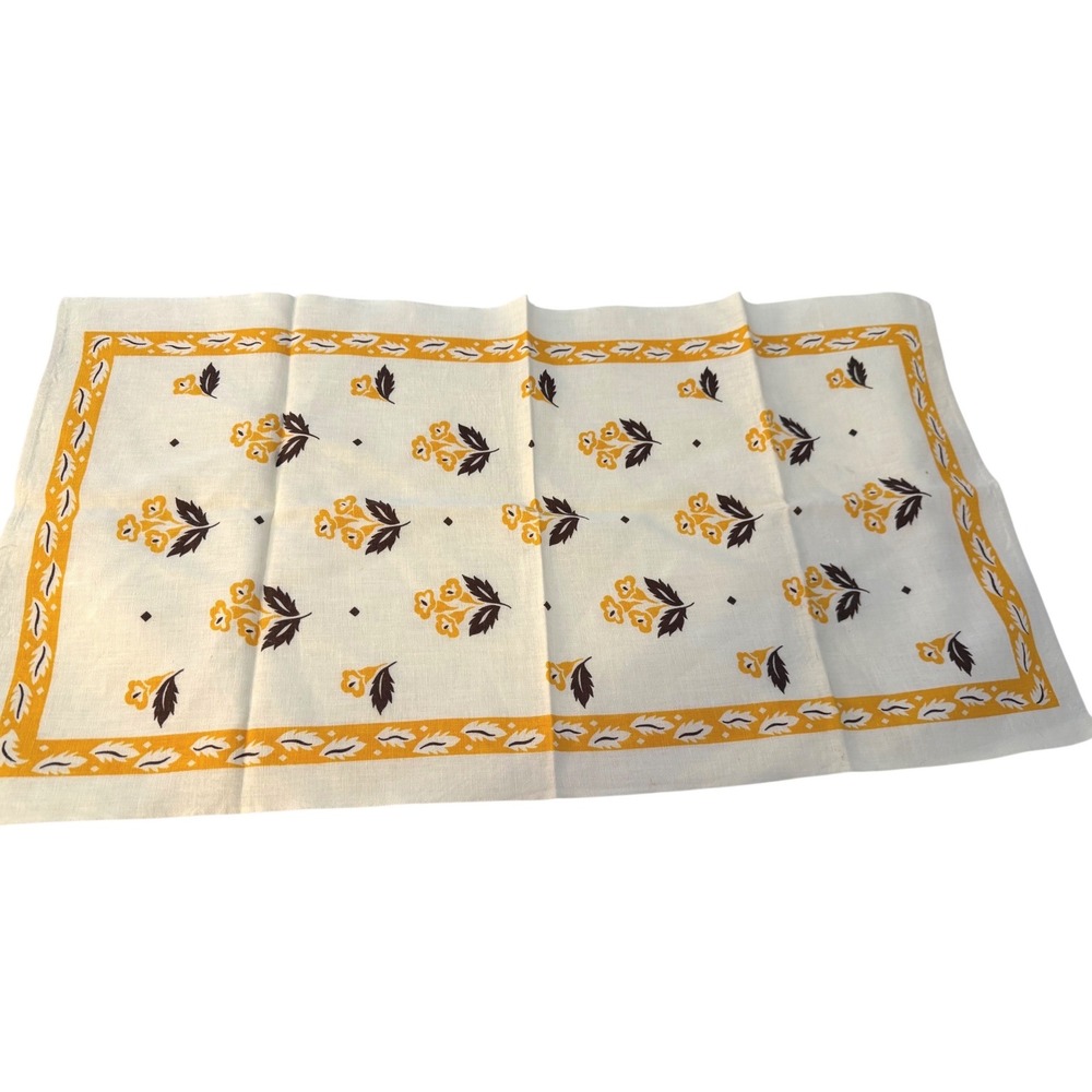 Vintage Artline Linen Tea Towel Floral Mustard Yellow Brown Mid Century Modern